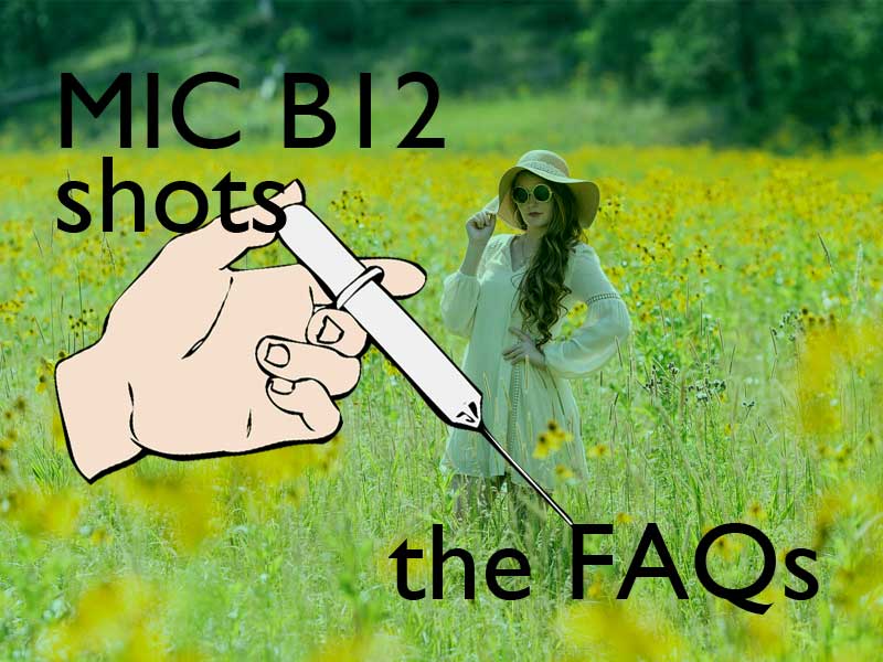 hand giving MIC B12 shot superimposed on a woman in a field